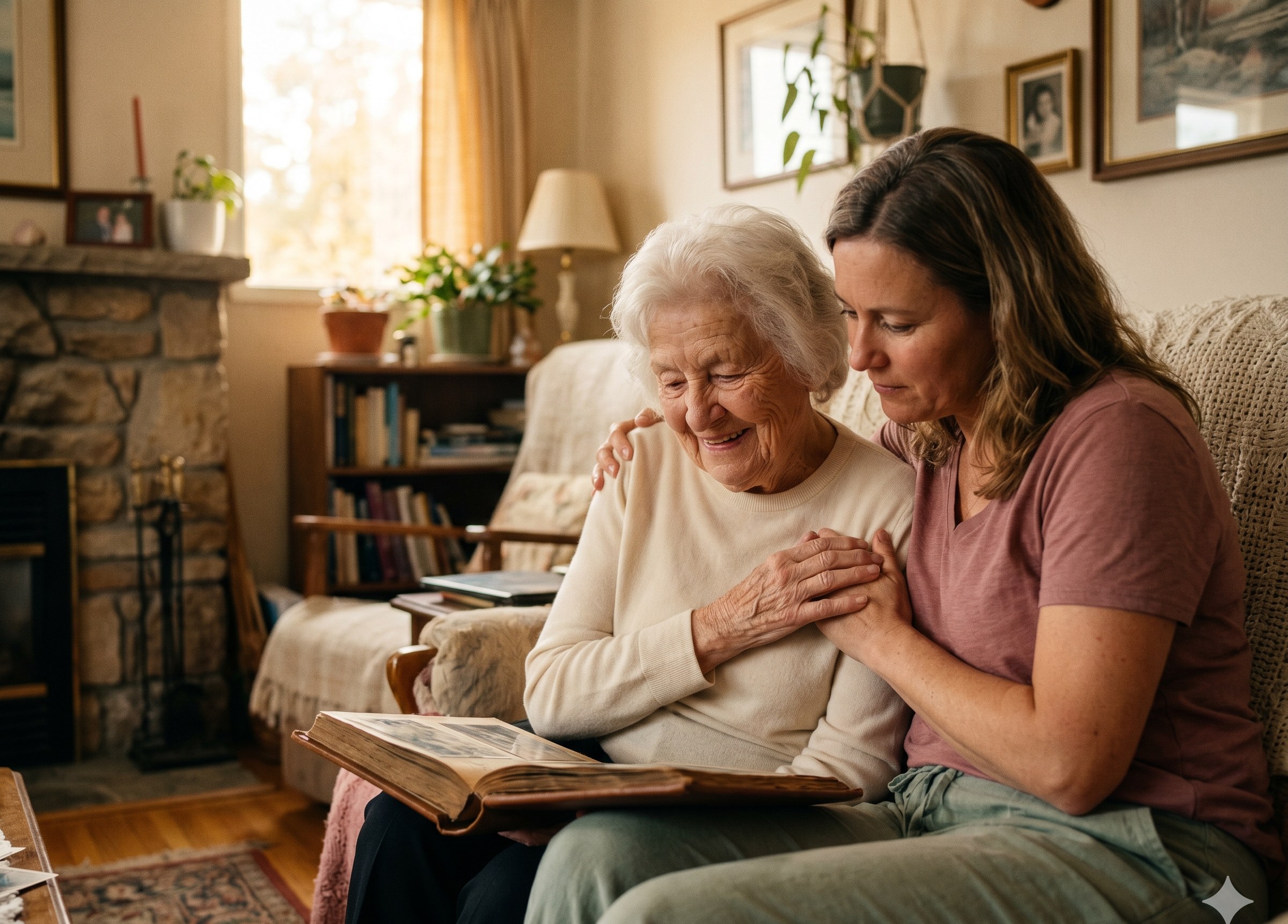 An older woman and her adult daughter sit close together on a sofa, looking down at an open family photo album, both smiling softly.